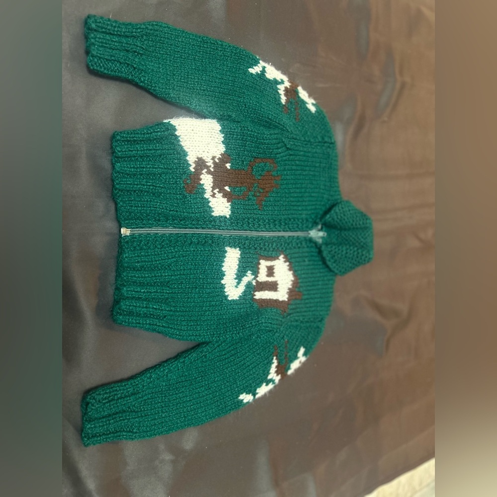 Vintage Hand Knit Three Little Pigs Sweater Green Wool Blend Zip Jacket 9-12M